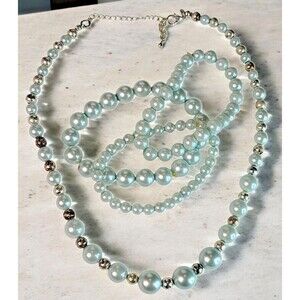 Vintage Frosted Blue Faux Pearl Beads Set Of 4 Necklaces Bracelets Silver Tone